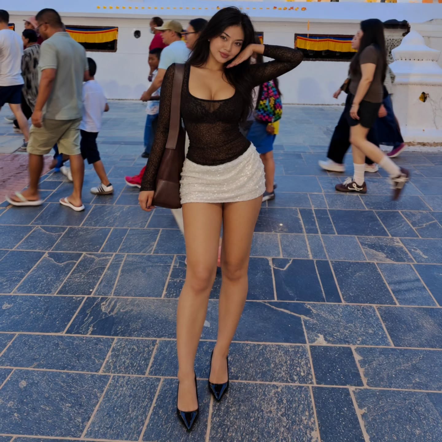 Sumrita on the courtyard at Boudhanath, prayer flags behind her